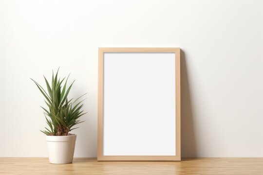 Empty wooden picture frame mockup on table leaning on the white wall with a green plant.
