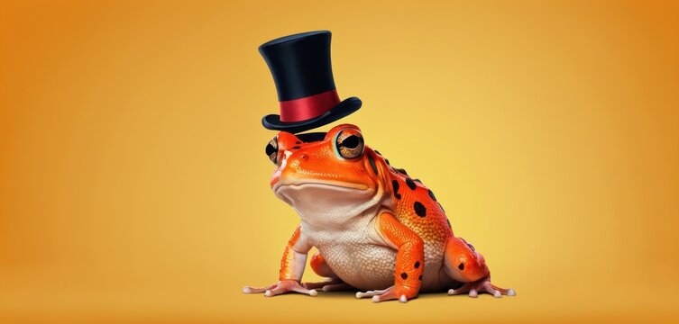  a frog wearing a top hat sitting on top of a yellow background with a black top hat on it's head and a black top hat on it's head.