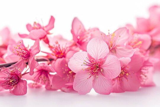 Bright pink cherry tree flowers on white isolated background close up