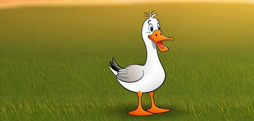 Naklejka premium a cartoon duck standing in the middle of a field of green grass with a yellow beak and an orange beak, with a pink sky in the background and a green field of grass.