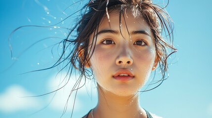 Portrait of a Korean woman jogging in summer road sweating face and copy space, Generative AI. - obrazy, fototapety, plakaty