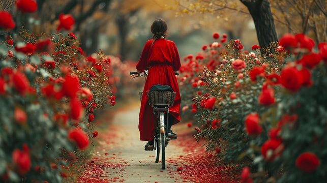 Portrait of a Korean woman cycling in red gown in red rose garden with copy space, Generative AI.