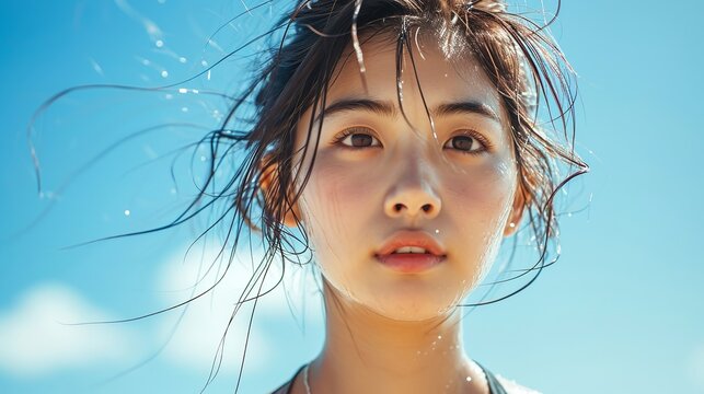 Portrait of a Korean woman jogging in summer road sweating face and copy space, Generative AI.