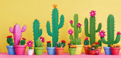  a row of potted plants sitting next to each other on a pink counter top next to a yellow wall and a yellow wall behind them is a row of cacti.