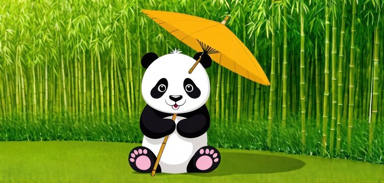  a panda bear holding a bamboo umbrella in front of a bamboo field with tall grass and a bamboo tree in the back of the picture is a bamboo fenced in the background.