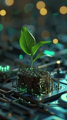 Tree growing on the converging point of computer circuit board. Green computing, technology, IT, CSR, and IT ethics. Concept of green technology. AI generated illustration - obrazy, fototapety, plakaty