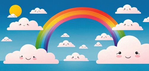  a group of clouds with a rainbow in the middle of them and a smiley face drawn on the side of the cloud in the middle of the sky with a rainbow in the middle of the middle of the clouds.