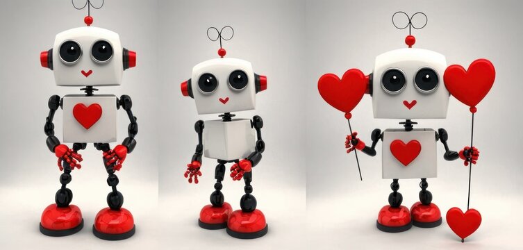  three images of a robot with a heart shaped balloon attached to it's back and a smaller robot with a heart shaped balloon attached to it's back.