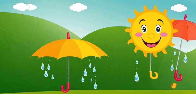  a cartoon picture of a sun holding an umbrella in the rain with another umbrella in the foreground, and another sun with an umbrella in the background with raindrops in the foreground.