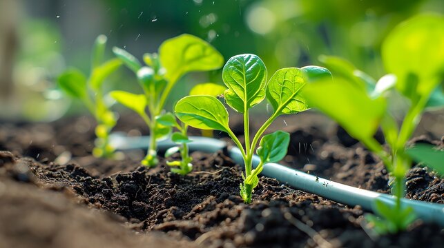 A plantation of seedlings for sale in nutrient-rich soil. Irrigation system for planting seedlings and organic agriculture. Organic plantation concept.