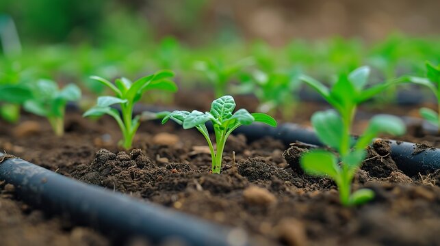 A plantation of seedlings for sale in nutrient-rich soil. Irrigation system for planting seedlings and organic agriculture. Organic plantation concept.