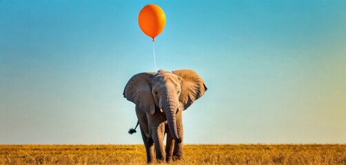  an elephant walking across a dry grass field with an orange balloon attached to it's back, in the middle of a blue sky with a few white clouds. - obrazy, fototapety, plakaty