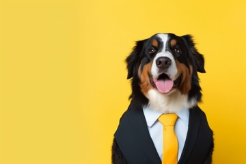 animal pet dog concept Anthromophic friendly Bernese Mountain Dog  wearing suite formal business suit pretending to work in coporate workplace studio shot on plain color wall