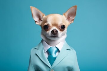 animal pet dog concept Anthromophic friendly chihuahua career office manager boss dog wearing suite formal business suit pretending to work in coporate workplace studio shot on pla - obrazy, fototapety, plakaty