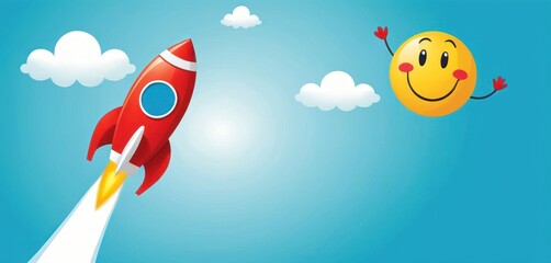  a cartoon rocket flying through the air with a smiley face on it's side and a smiley face hanging from the side of the rocket, with a smiley face on a blue sky background with clouds.