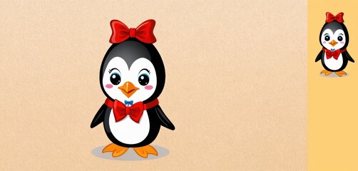  a penguin with a red bow on its head and another penguin with a red bow on its head and another penguin with a red bow on it's head.