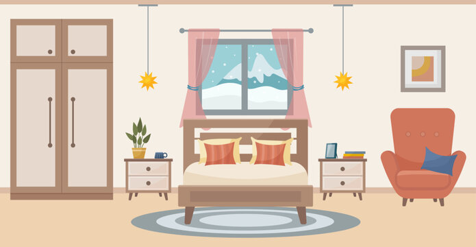 Cozy bedroom. Bedroom interior: bed, soft chair, carpet, potted plants, wardrobe, window with a winter view. Interior concept. Vector flat illustration.