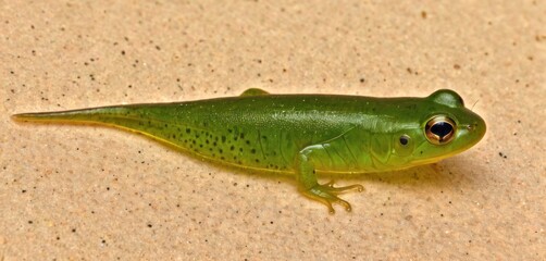 a close up of a green gecko on a floor with a black dot on it's face and a black spot on its body and a black spot on its eyes.