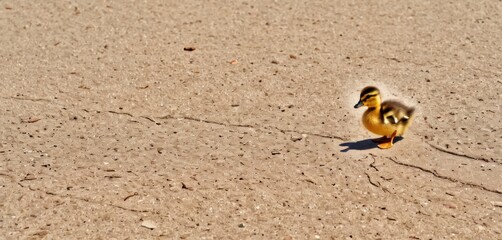  a small yellow duck standing on top of a sandy beach next to a small bird on top of it's back legs with its head in it's mouth.