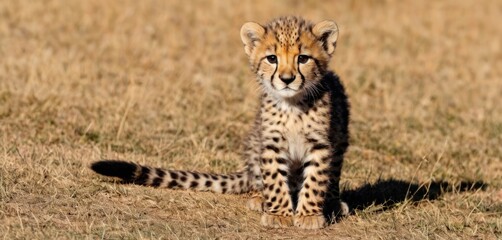  a cheetah cub sitting on the ground in a field of dry grass, looking at the camera, with a curious look on its face, in the foreground.
