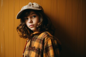 Portrait of a cute little girl in a hat and checkered shirt