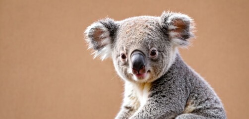  a close up of a koala sitting on a tree branch with its head turned to the side and it's eyes wide open, with a brown background.