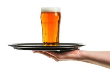 A hand holds a waiter's tray with a beer on it, transparent or isolated on white background