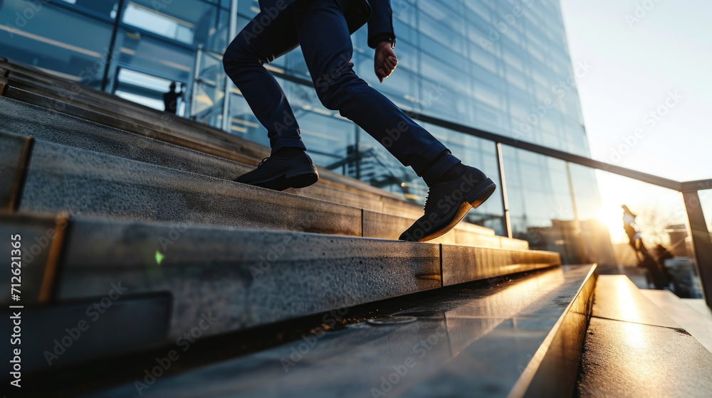 Wall mural lower half of a businessman in a suit climbing up stairs outdoors