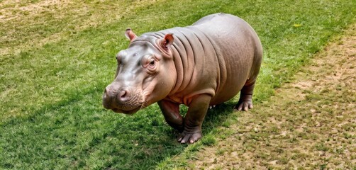  a close up of a hippopotamus walking on a field of grass with a dirt path in front of the hippopotamusmusmusmusmus.