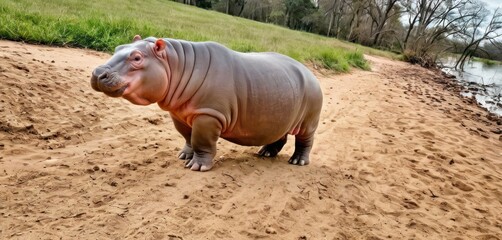  a hippopotamus standing on a dirt path next to a body of water in a grassy area next to a grassy area with trees and bushes in the background.