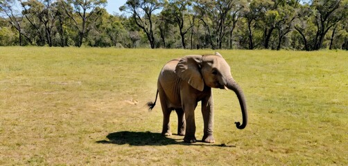  an elephant standing in the middle of a grassy field with trees in the background and a blue sky with a few clouds in the middle of the picture, and a single elephant standing in the foreground.