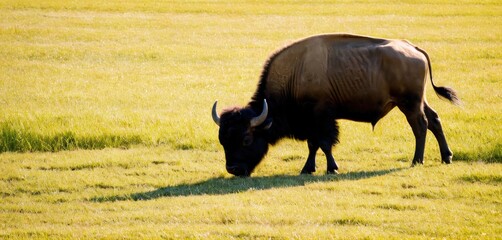  a large buffalo standing on top of a lush green field next to a lush green grass covered field next to a field of green grass covered with lots of tall grass.