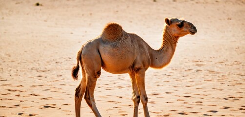  a camel standing in the middle of a desert with it's head turned to the side and it's head turned to the side with it's eyes closed.