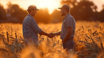 Portrait of two farmers shaking hand in wheat field with copy space, Generative AI. - obrazy, fototapety, plakaty