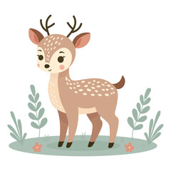 Cute little deer in the meadow. Vector baby illustration