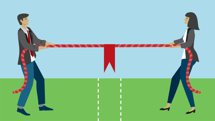 Man and woman in tug-of-war competition. Dragging rope with flag. Dimension 16:9. Vector illustration.