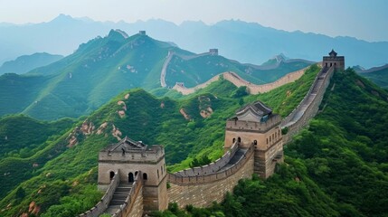 Fototapeta premium majestic chinese wall with green mountains by day