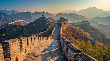 majestic chinese wall with a beautiful sunset - obrazy, fototapety, plakaty