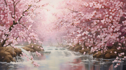 Obraz na płótnie Canvas A painting of pink cherry blossoms in the water. Pink Cherry Blossoms Painting Graceful Waters