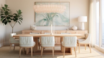 The lovely dining room below shows how versatile and elegant modern coastal decor can be From the soft ivory slipcovered chairs, to the large coral decorative piece on the credenza house interior
