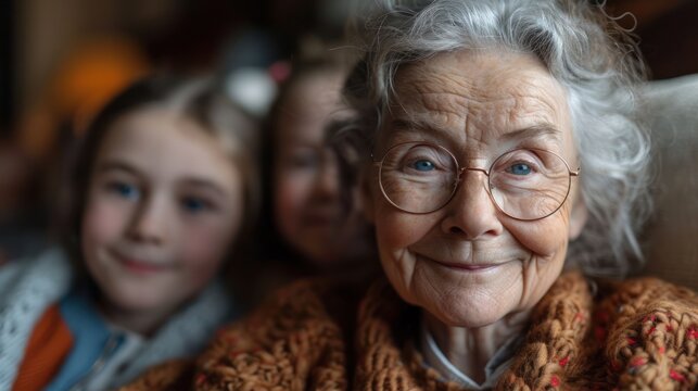  An Older Woman Sitting Next To A Young Girl In A Chair With Her Arm Around Her Shoulder And A Young Girl Standing Behind Her.