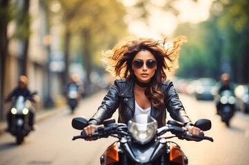 Women motorcycle riding taking off front view, abstract blurred defocused bokeh color at the...