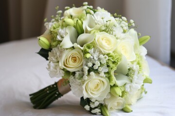 Wisdom and Happiness. Bridal Bouquet with Pastel Yellow Roses and White Calla Lilies Signifying Purity.