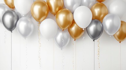 Celebration background with gold, silver and white balloons.