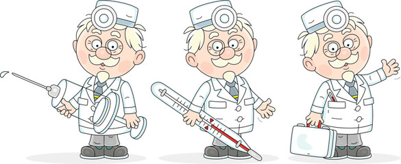 Good old doctor in a white hospital gown with a syringe, a thermometer and a first aid medical case, set of vector cartoon illustrations isolated on a white background