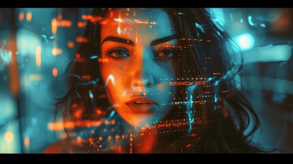 Generative AI, Model woman portrait in cyberpunk style, photo with damaged grainy texture
