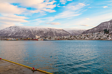 Aerial view to the city of Tromso in winter, North Norway.