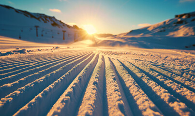 Sunrise over freshly groomed ski slopes in a winter landscape. - obrazy, fototapety, plakaty