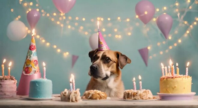 Dog with party hat and birthday cake with candles. Celebrating.