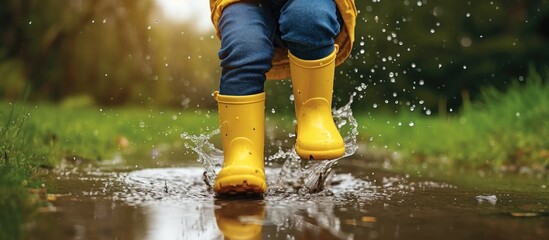Child wearing rain boots leaps in a puddle.